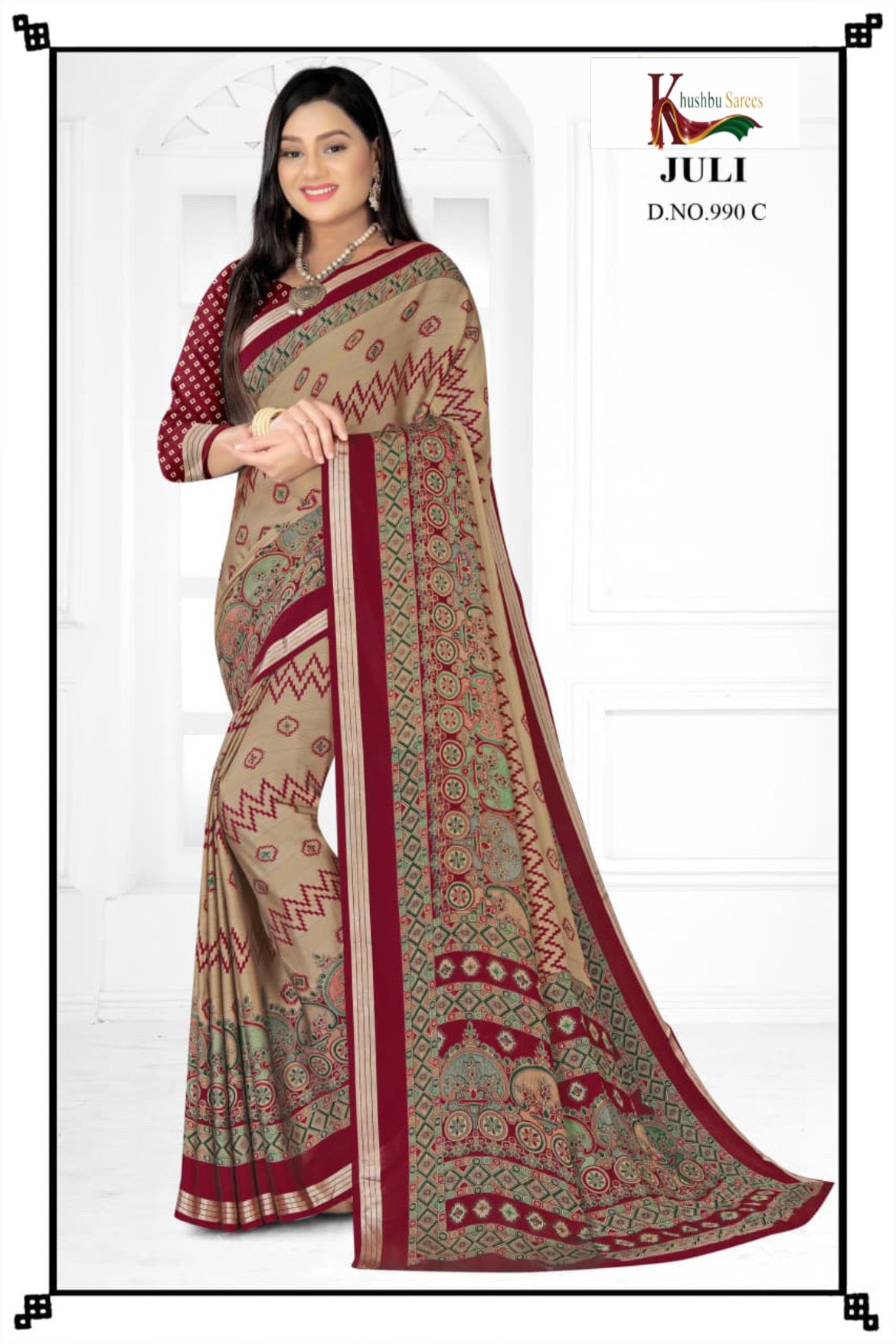 “Elegant Beige & Maroon Printed Saree by Khushbu Sarees – Juli Collection (D.No. 99