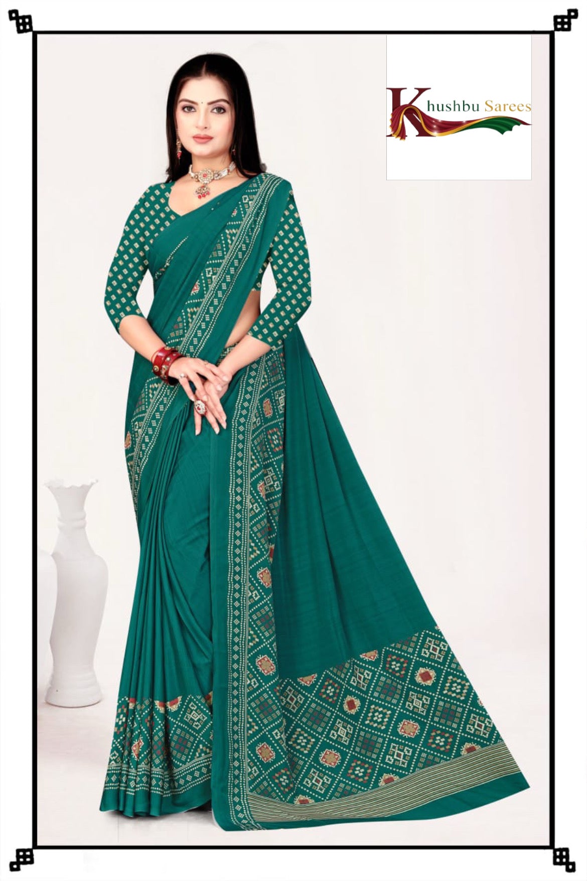 “Stylish Green Silk Crepe Saree with Designer Prints”