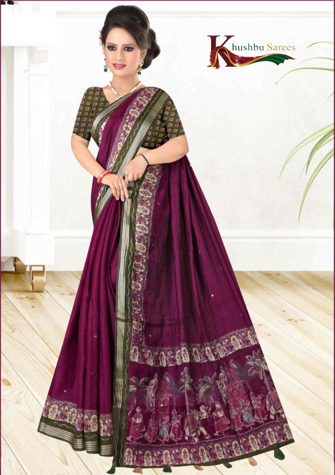 Khushbu Sarees Bottle Green Cotan Saree with Maroon Border & Festival Print