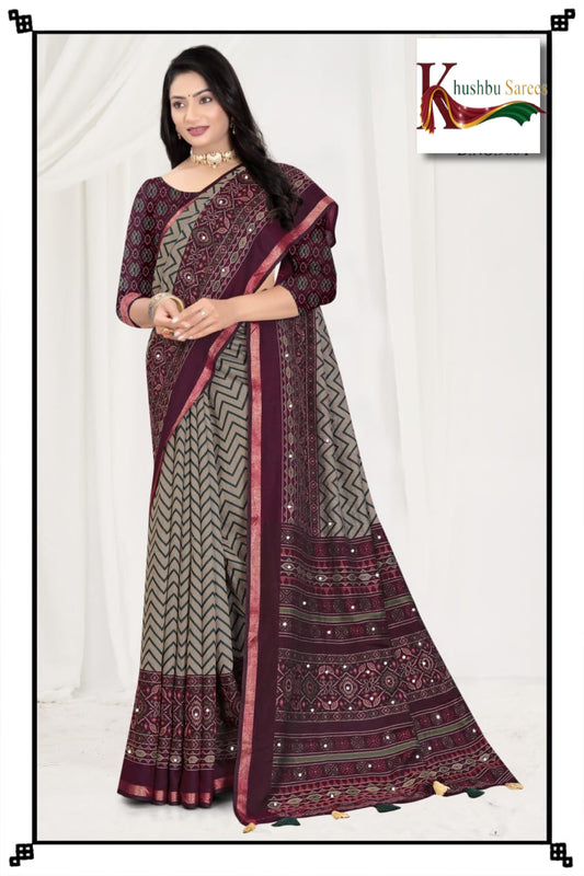 “Elegant Printed Cotton Saree with Traditional Border & Tassels