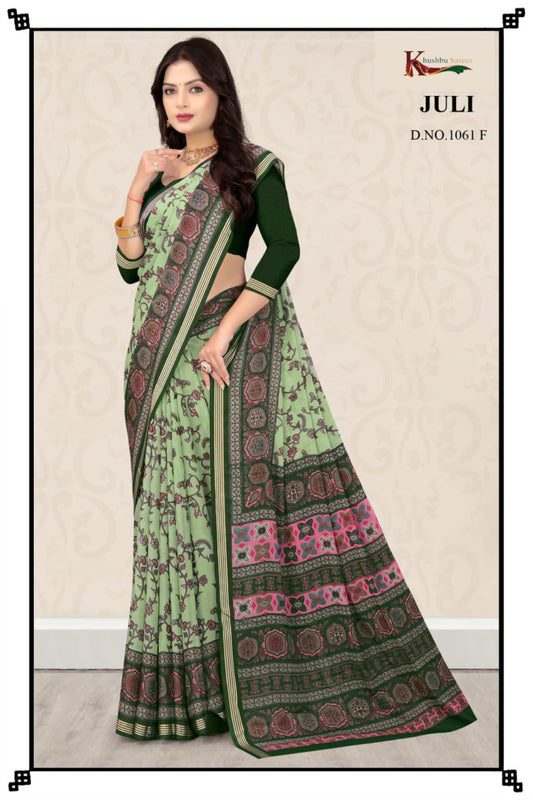 “Khushbu Sarees Juli – Elegant Beige & Green Printed Saree”