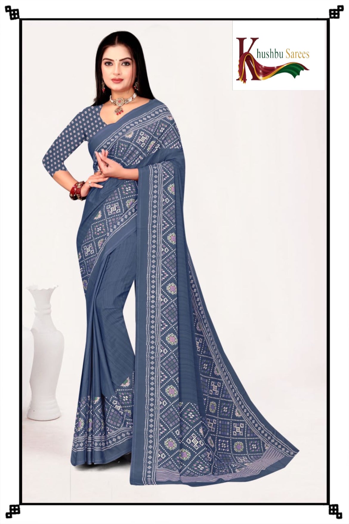 “Stylish Green Silk Crepe Saree with Designer Prints”