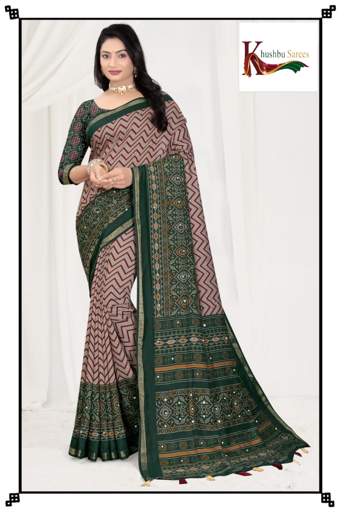 “Elegant Printed Cotton Saree with Traditional Border & Tassels