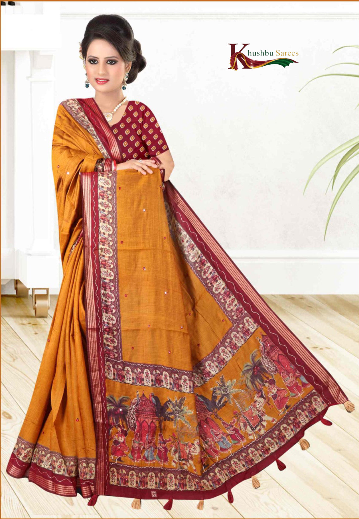Khushbu Sarees Bottle Green Cotan Saree with Maroon Border & Festival Print