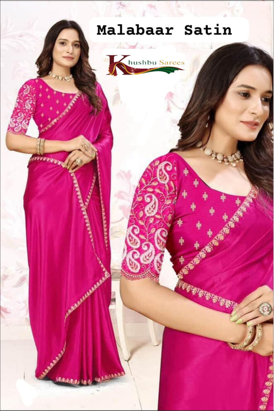 Magenta Malabar Satin Saree with Embroidered Blouse”