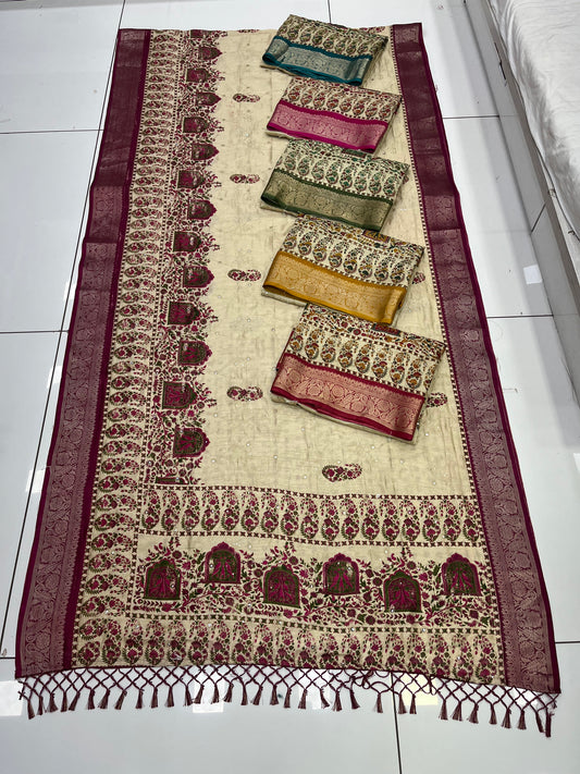 “Elegant Banarasi Silk Saree Collection with Intricate Floral Zari Weave & Contrast Borders”