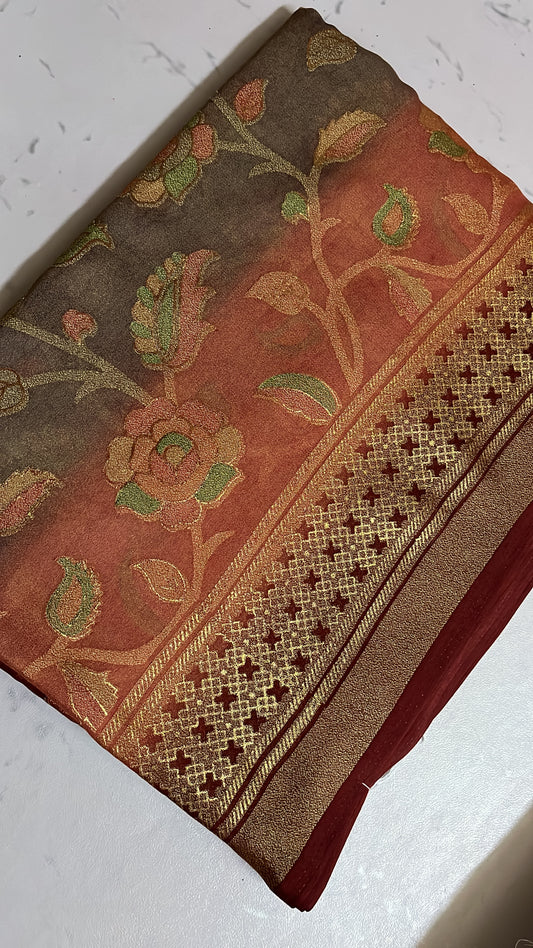 “Elegant Maroon Banarasi Saree with Golden Floral Zari Work” 🌹✨