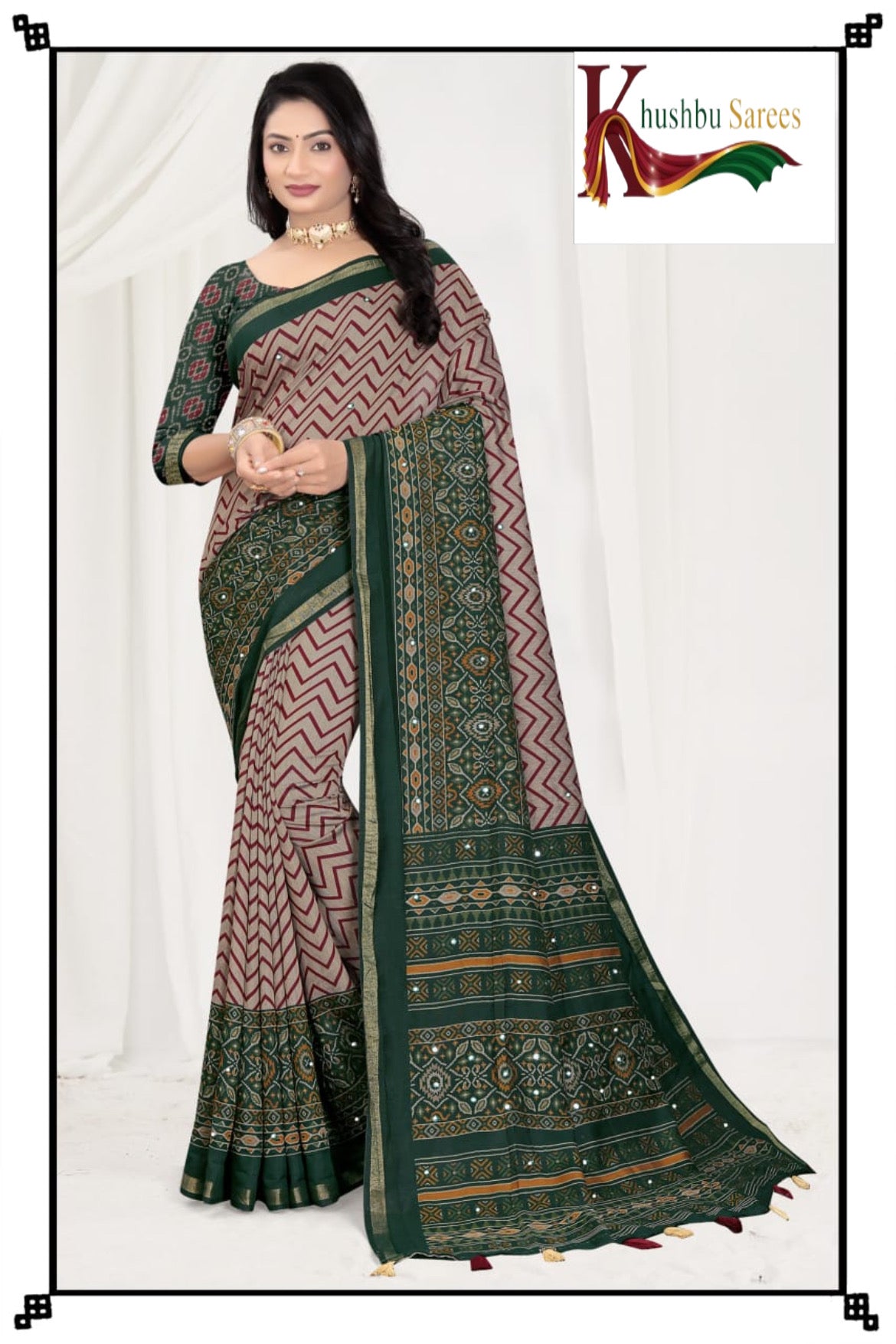 “Elegant Printed Cotton Saree with Traditional Border & Tassels