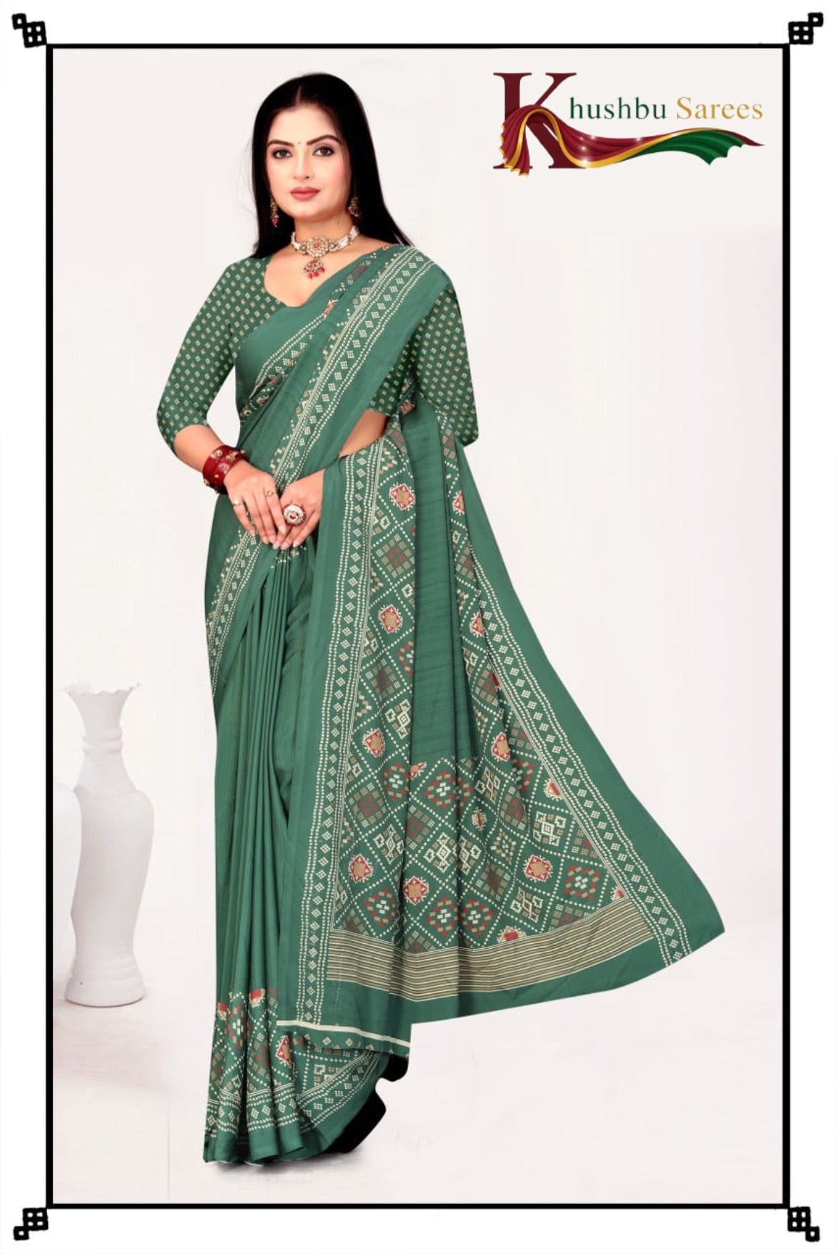 “Stylish Green Silk Crepe Saree with Designer Prints”