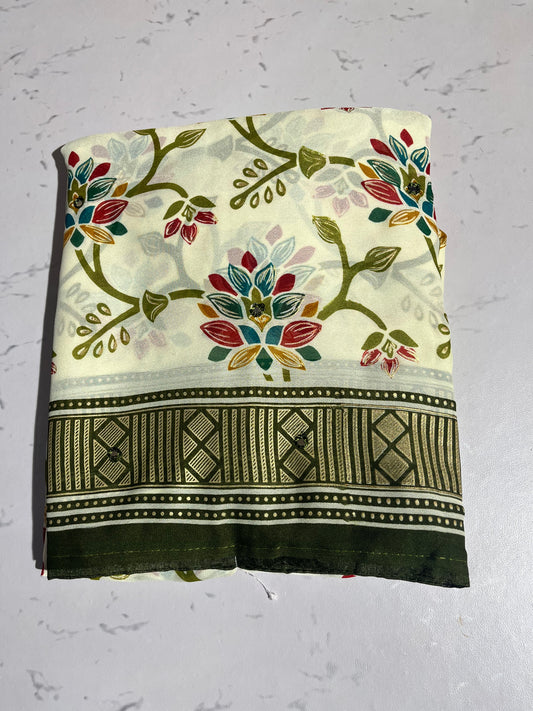 “Elegant Cream Floral Printed Saree with Green Border”