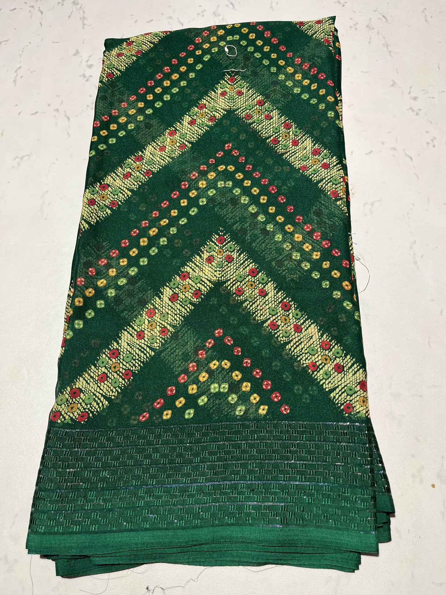 “Teal Green Viscose Saree with Colorful Geometric Chevron Design”