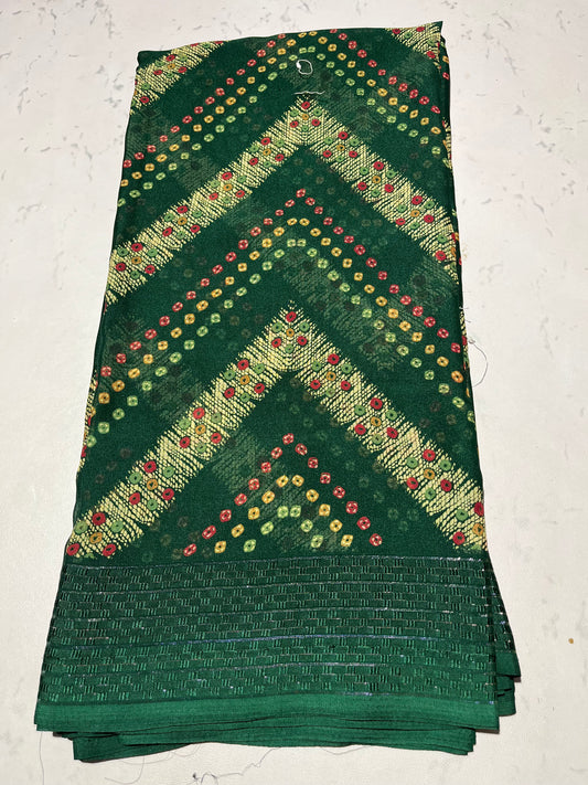 “Teal Green Viscose Saree with Colorful Geometric Chevron Design”