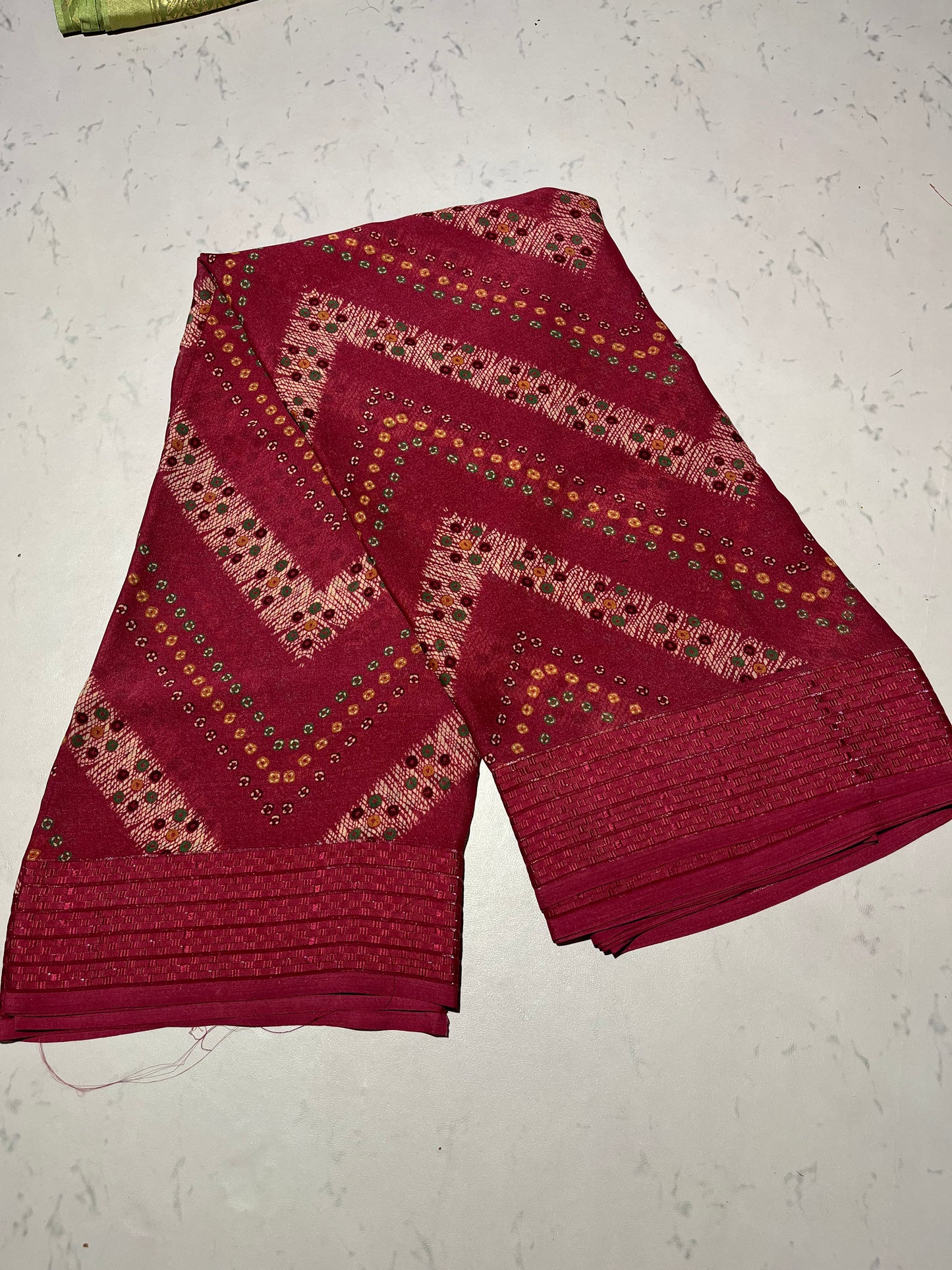 “Teal Green Viscose Saree with Colorful Geometric Chevron Design”