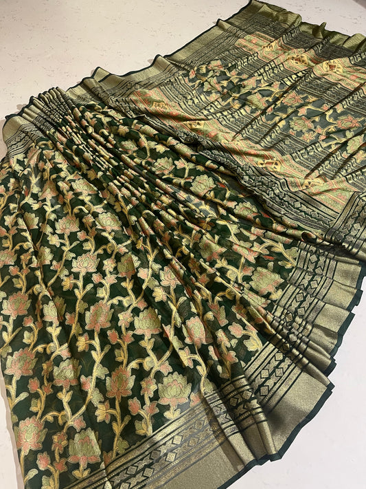 “Green Brocade Saree with Golden Zari Floral Weaving” ✨🌸