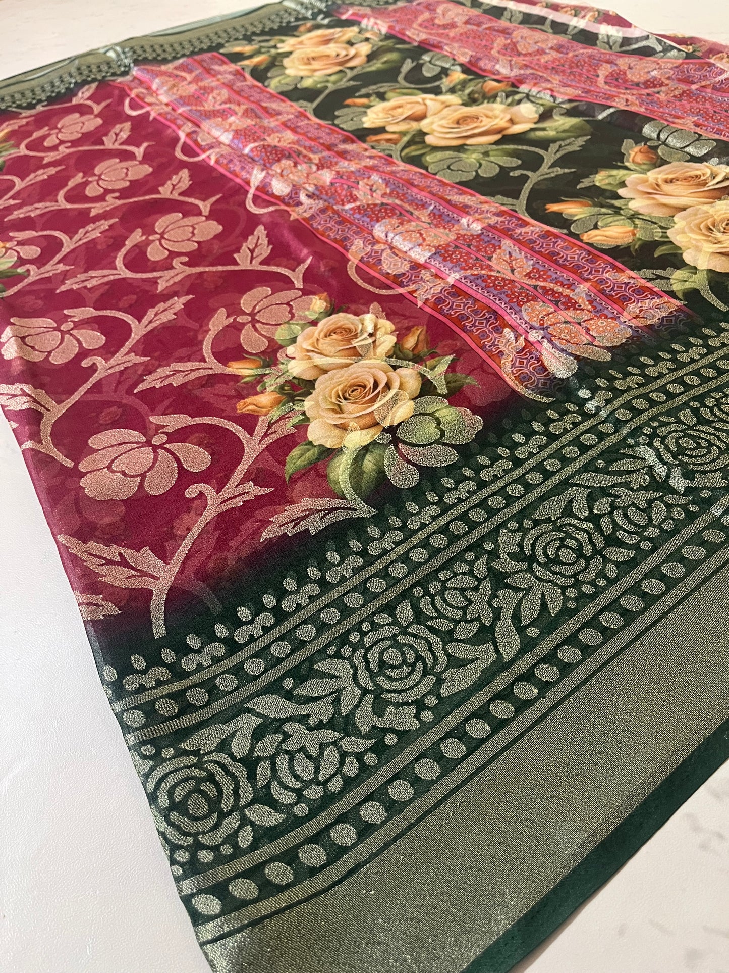 “Elegant Brocade Saree with Floral and Rose Print Design”