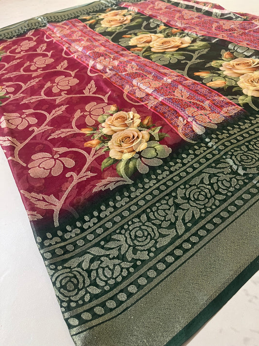 “Elegant Brocade Saree with Floral and Rose Print Design”