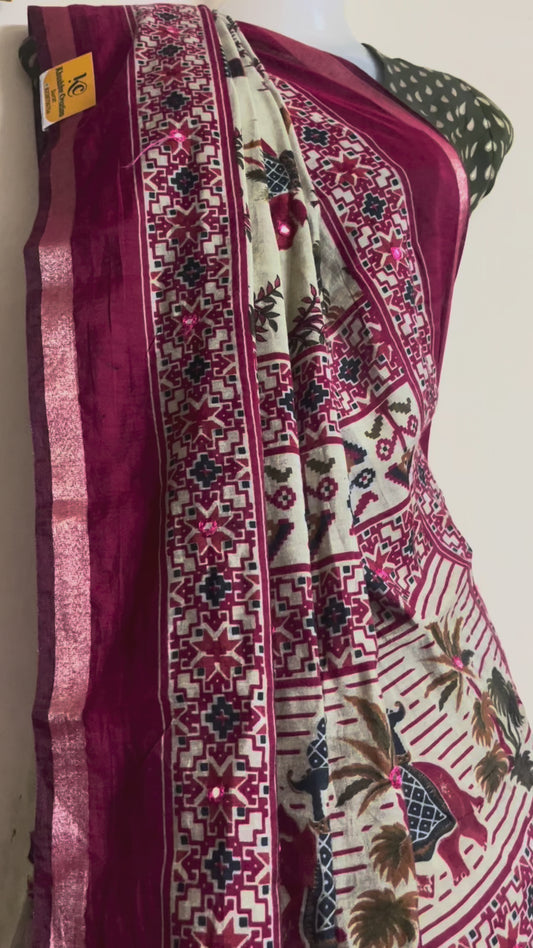 Elegant Kalamkari Art Silk Saree – Traditional Elephant & Floral Print Design”